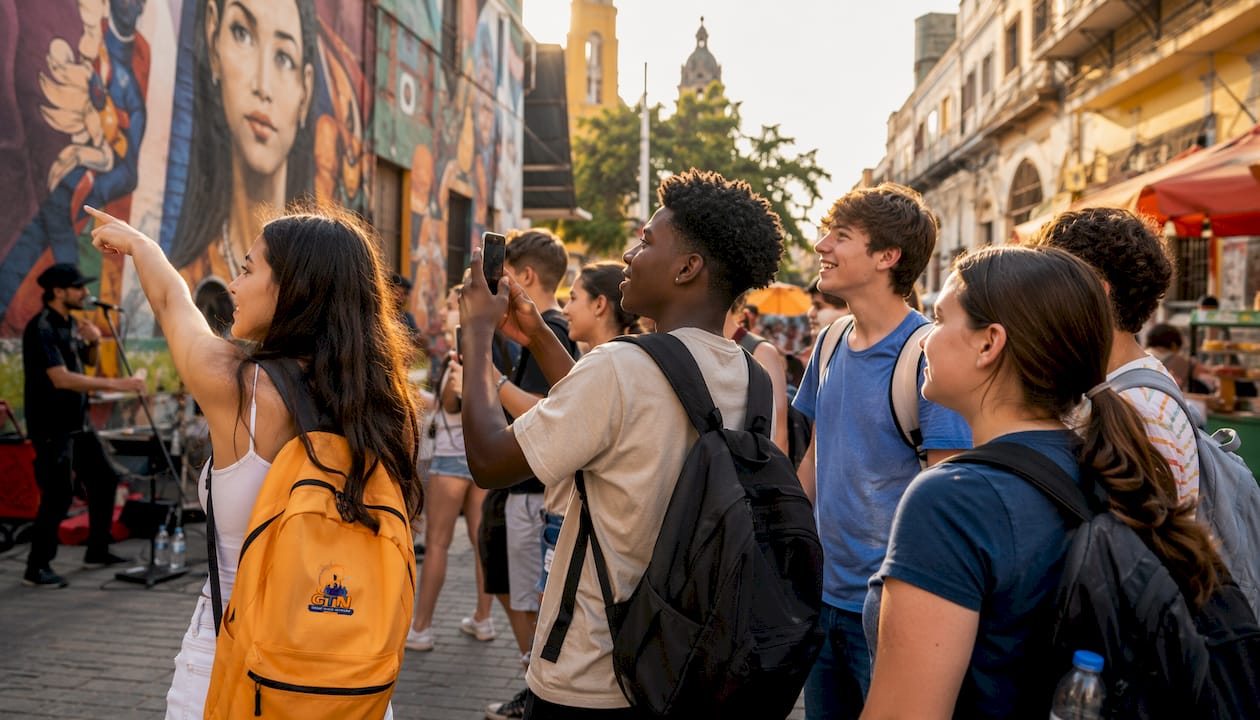 high school students touring city landmarks outdoors