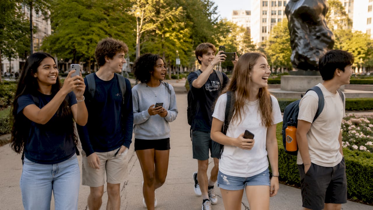 students touring a city plaza
