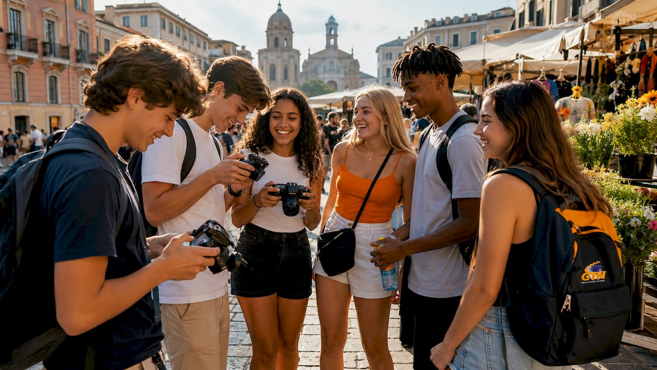 high school students group on european vacation