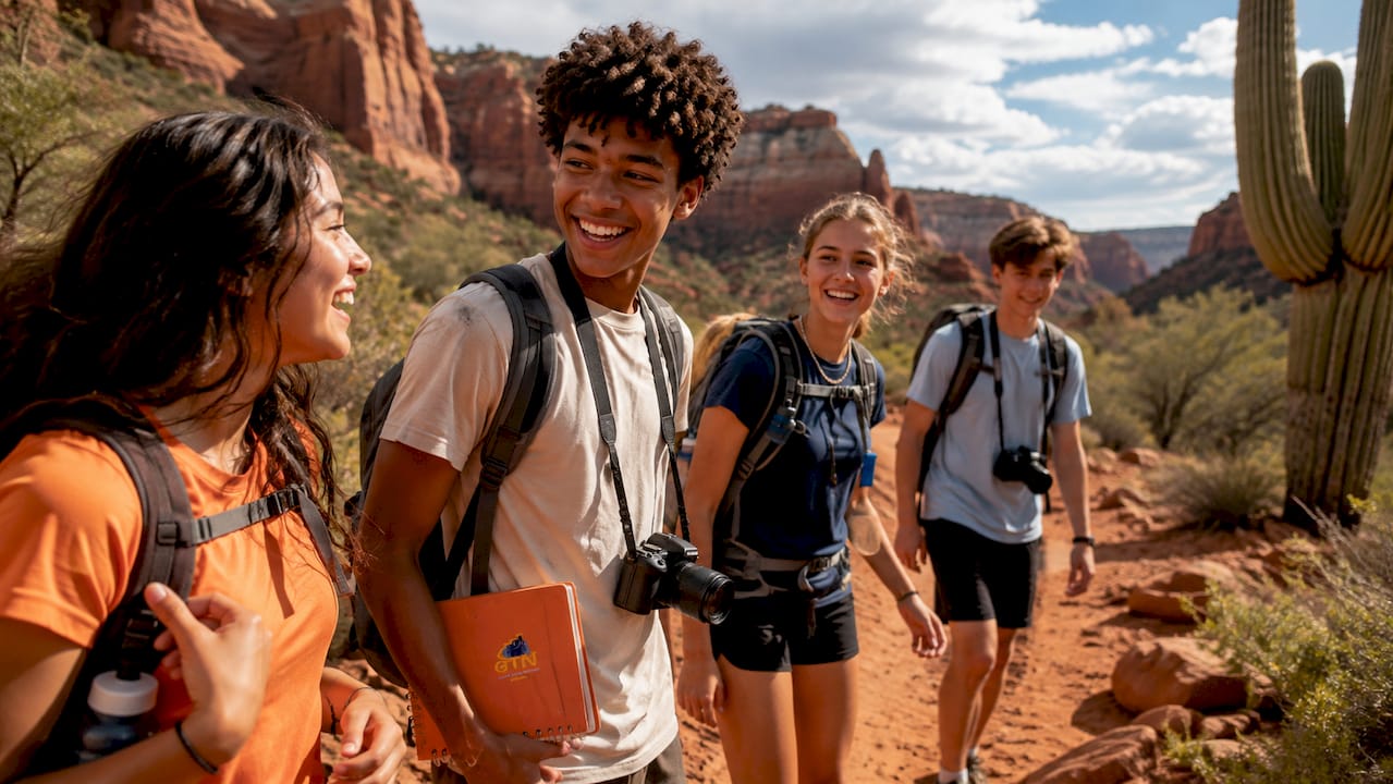 high school student group hiking in southwestern desert outdoors