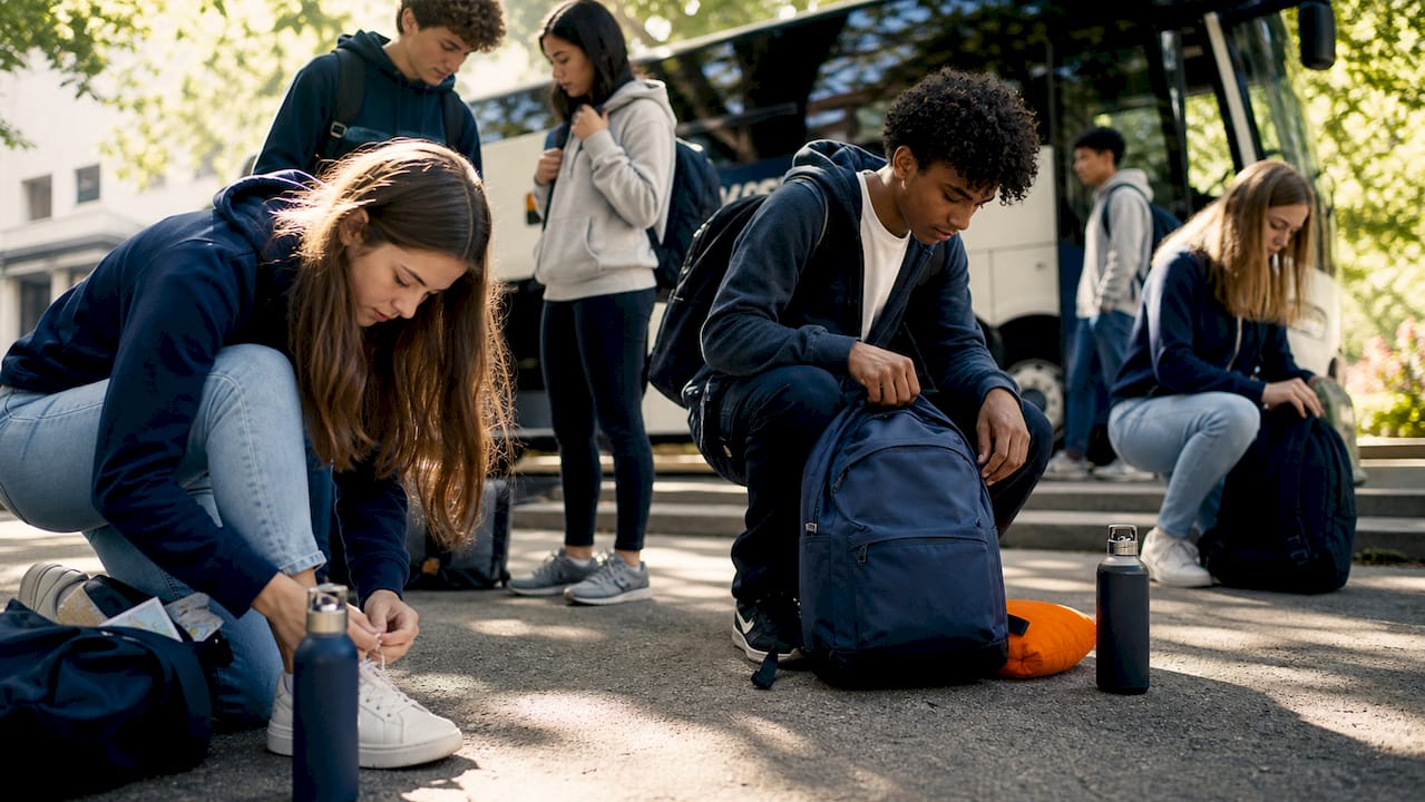 students packing backpacks before group trip