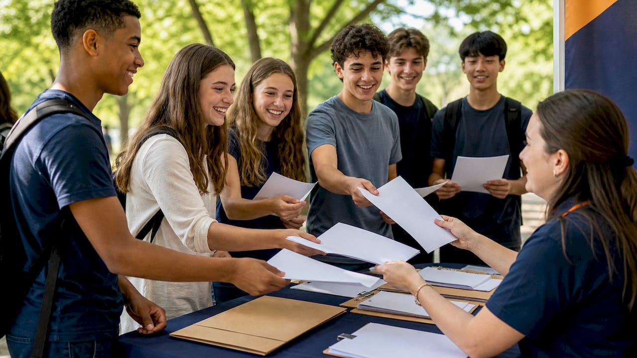 students handing over passport applications outdoors