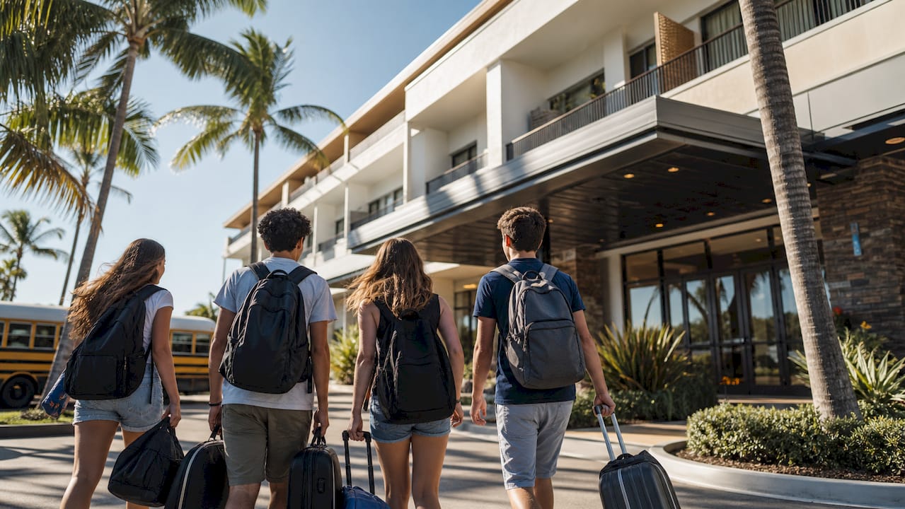 high school students arriving at hotel entrance