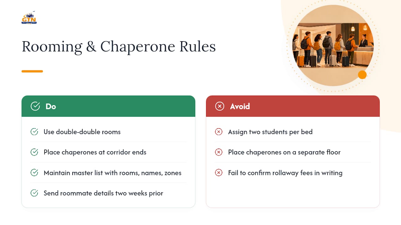 rooming assignments, occupancy rules, and chaperone placement — overview diagram