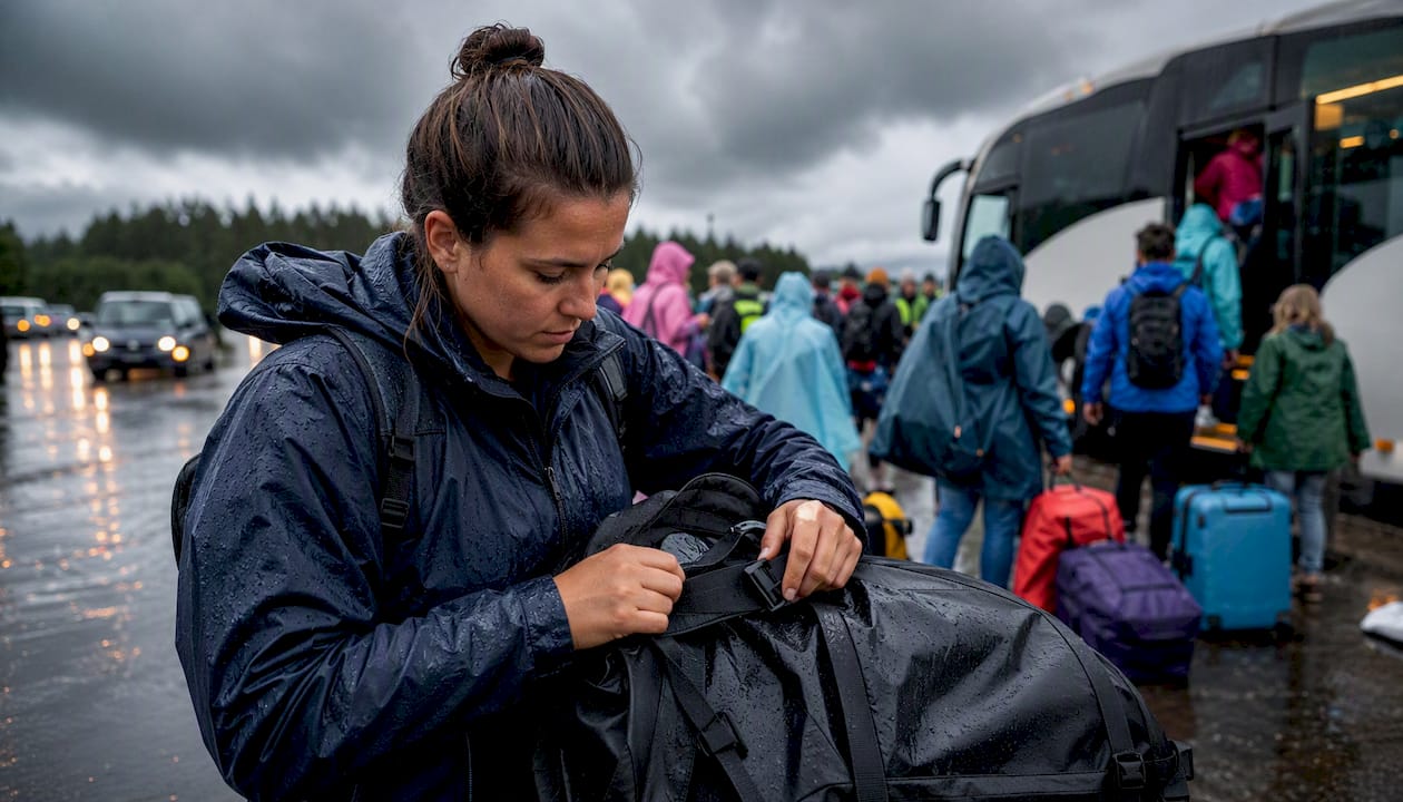 trip cancellation due to weather: what's actually covered in 2026 4 trip coordinator fastening rain jacket outdoors