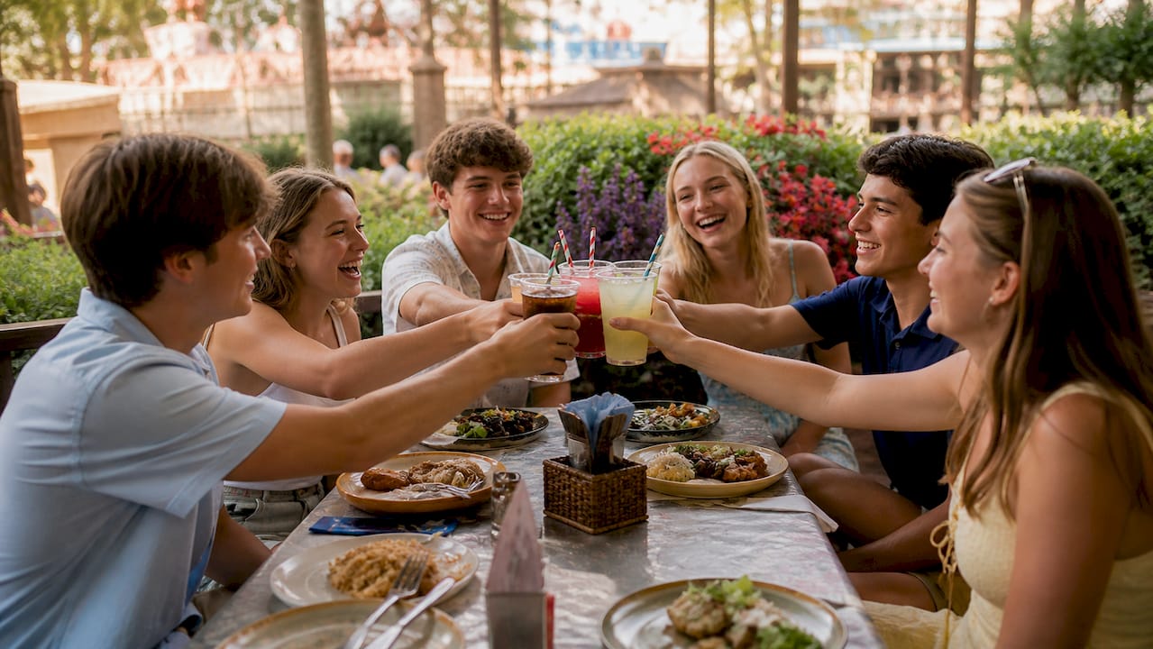 high school students enjoying group dining at disney