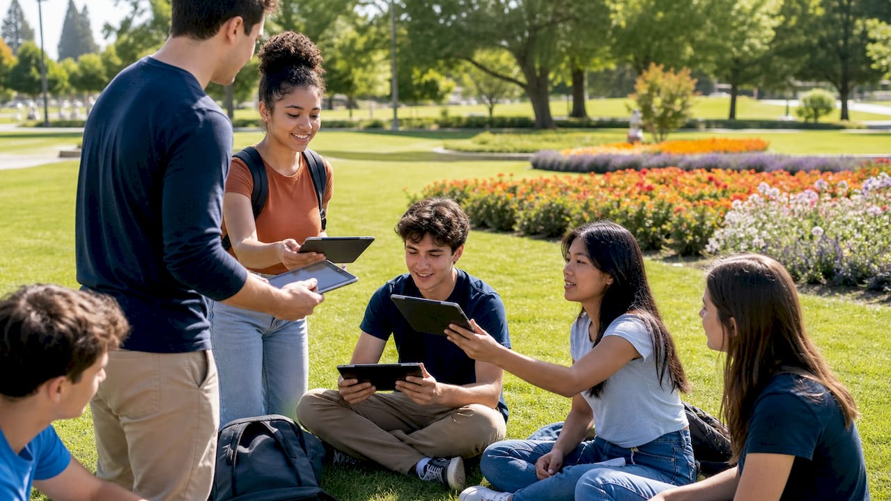 students submitting electronic consent outdoors