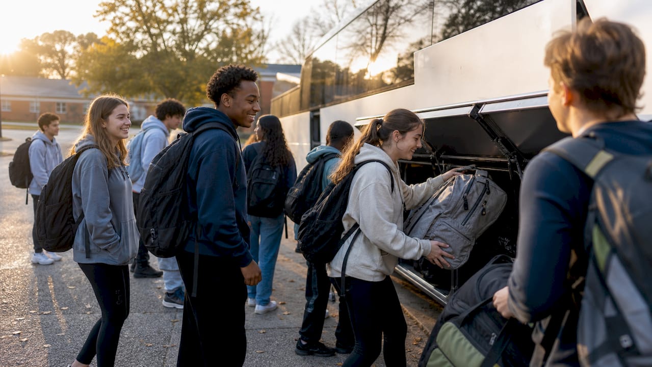 students loading backpacks onto travel bus