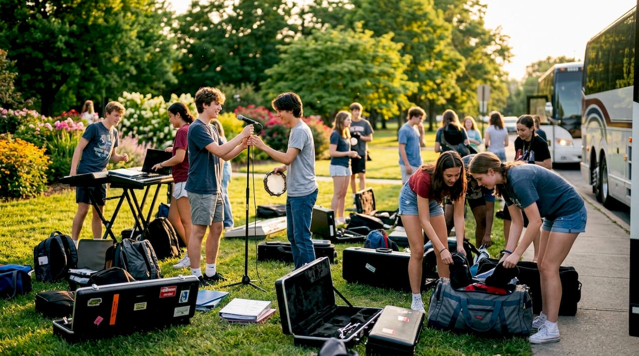 students loading instruments for choir tour