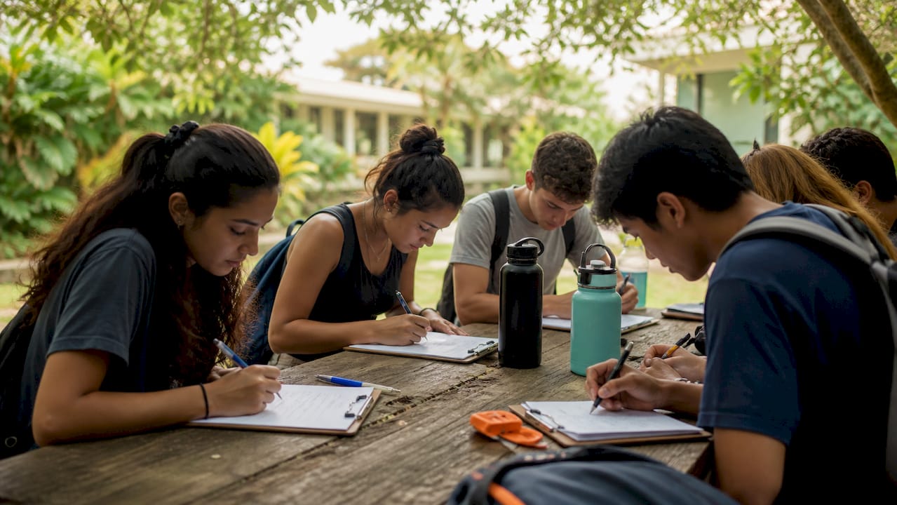 school trip insurance cost: what administrators pay in 2026 5 students completing health forms outdoors