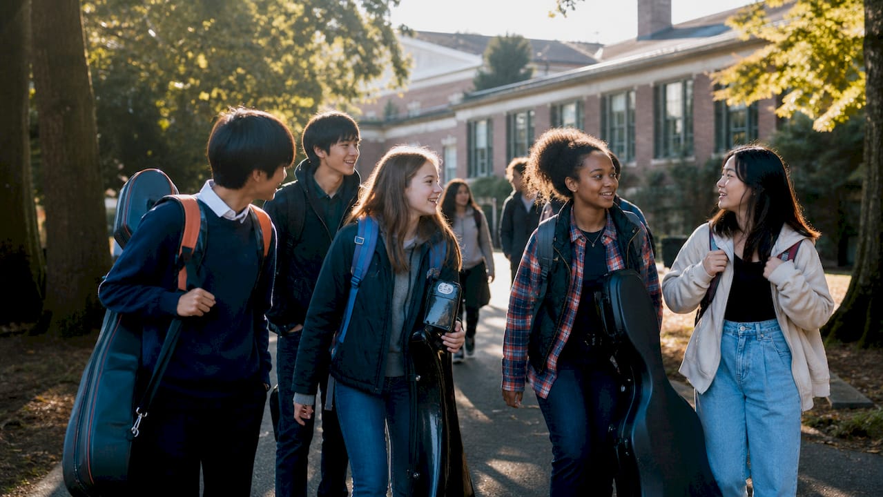 high school orchestra students boarding tour bus