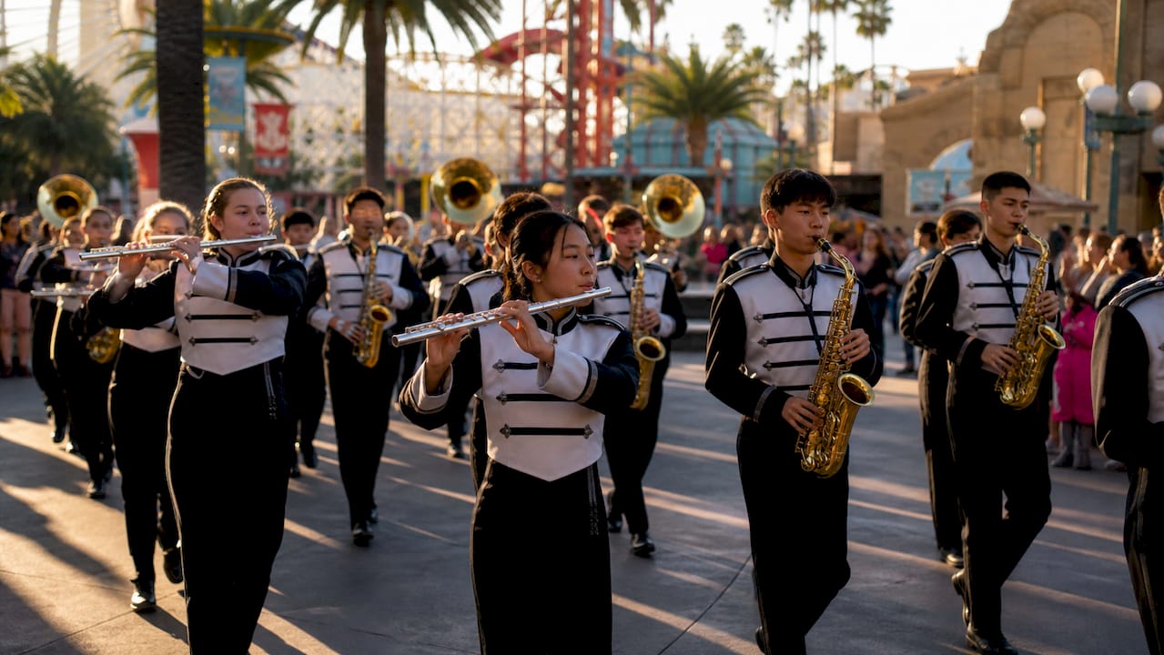 high school band marching at a theme park parade