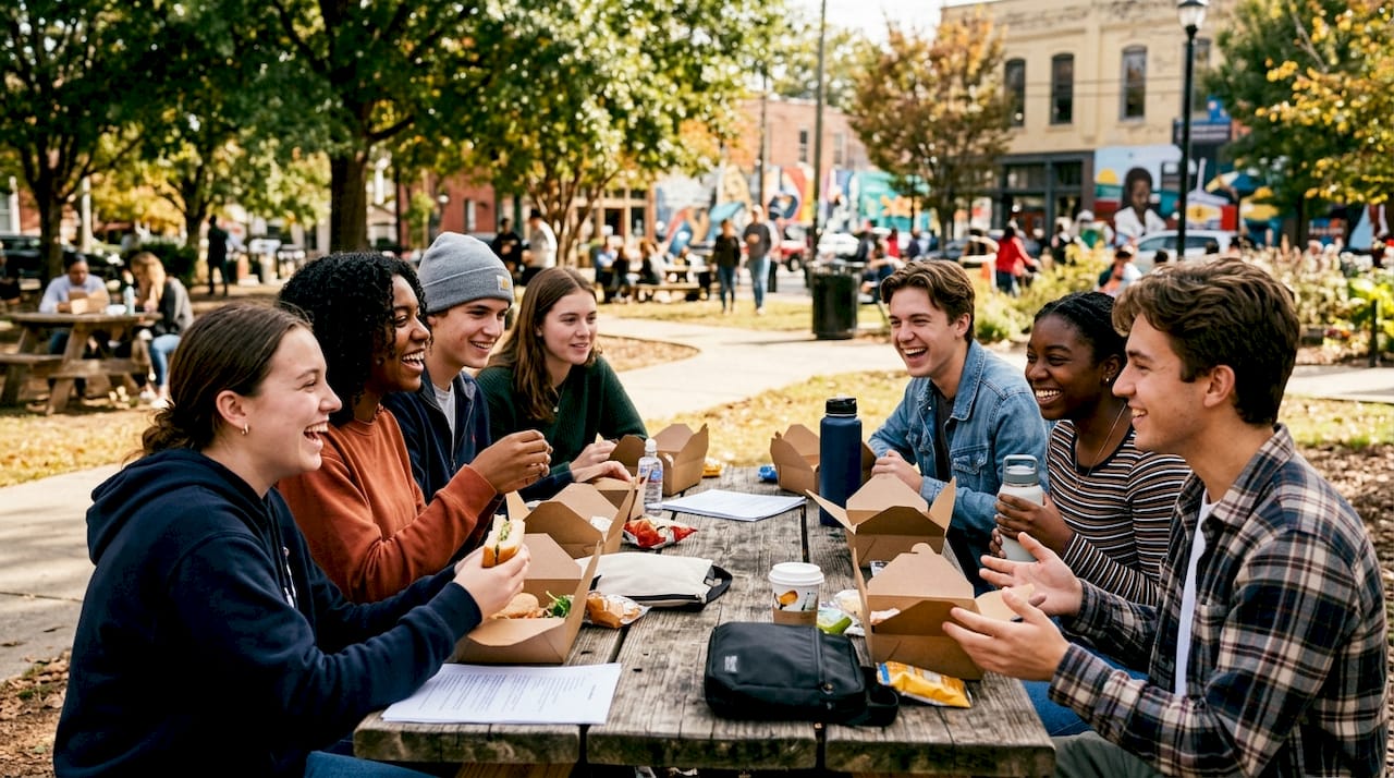 students having lunch outdoors near civil rights sites