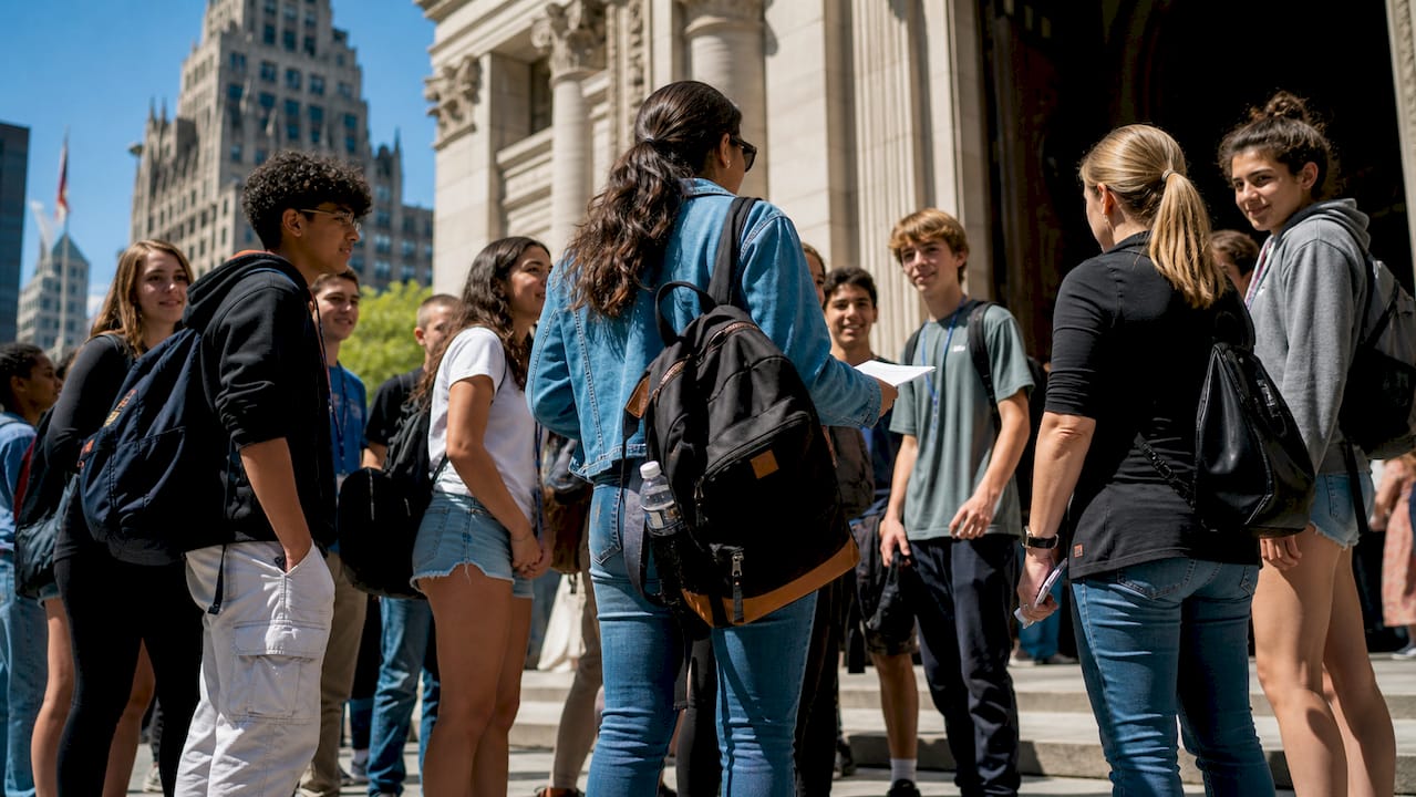 chaperones counting students outside museum