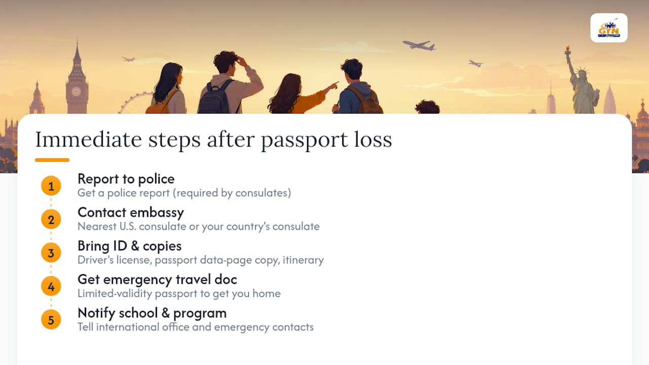 lost or stolen passport while studying abroad: what to do immediately — overview diagram