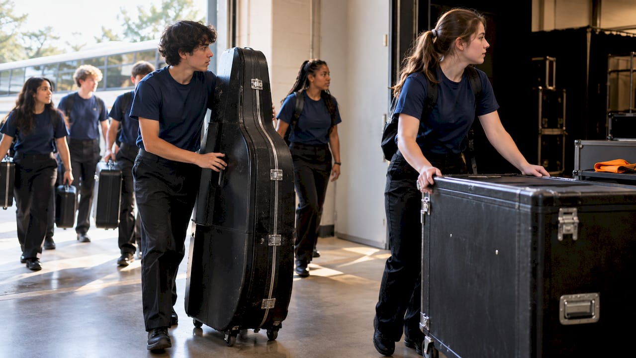 Students moving instrument cases backstage