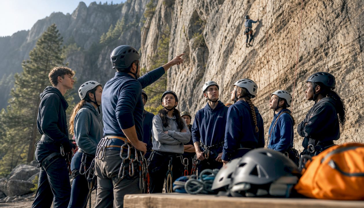 students receiving climbing safety briefing