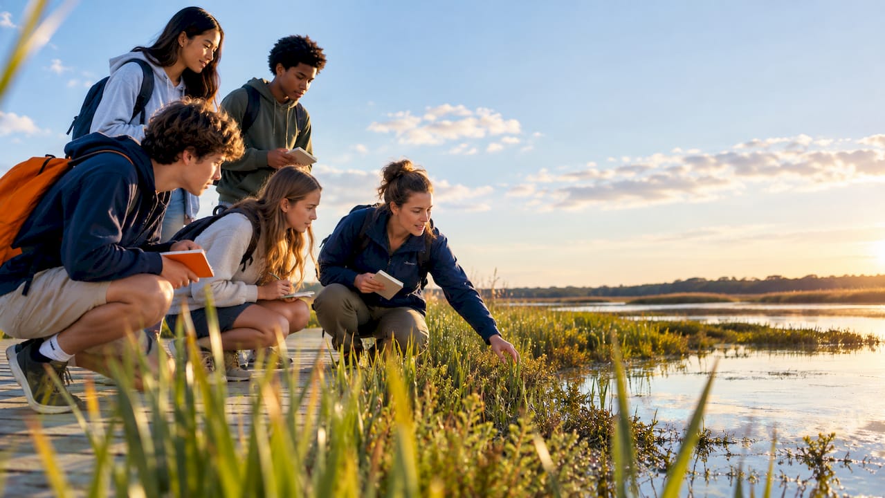 high school students studying a coastal wetland