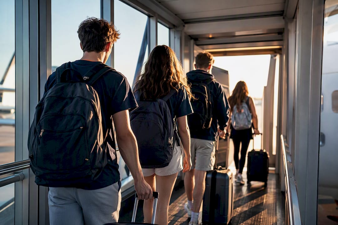 high school students boarding a group flight