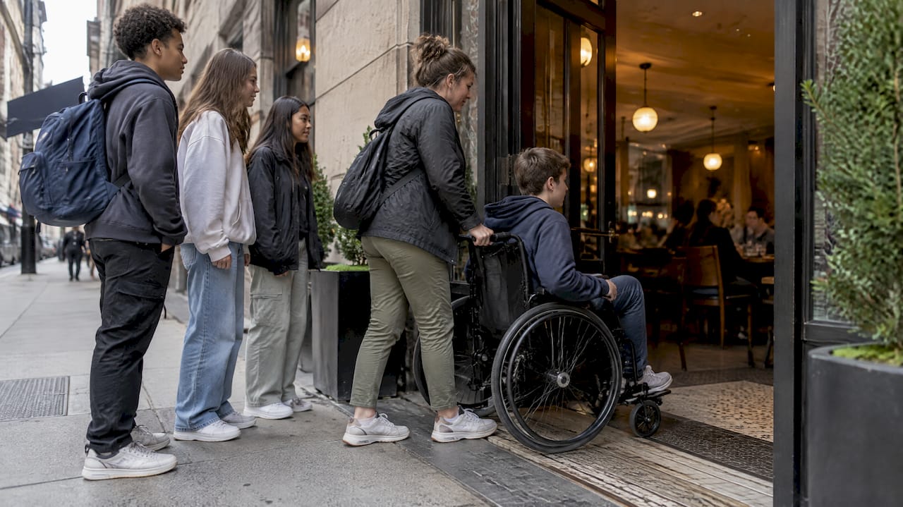 Avoid Surprise Meal Fees: Itemized Quotes for NYC Student Groups 2 Students checking accessible restaurant entrance